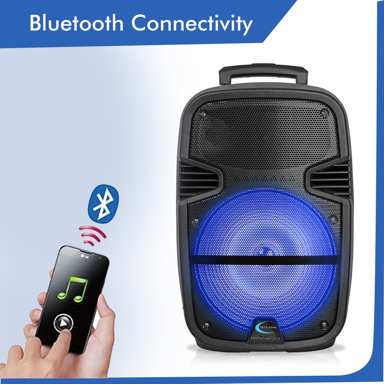 Technical Pro 3000 Watts Rechargeable 15" Bluetooth LED Portable PA Speaker, Mic and Stand, Bluetooth Range 30 Feet,